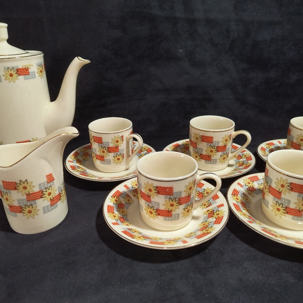 Vintage Teapot, (5) Teacups Saucers, And Creamer Set Cream Orange Gold Floral